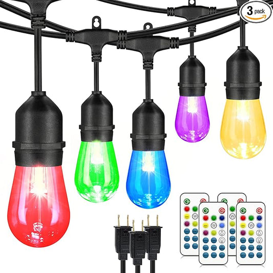 Mlambert 144Ft(3x48ft) Multicolor Outdoor Patio Lights, Dimmable RGB Cafe String Lights with 45+6 Waterproof LED Bulbs for Garden Bistro-Black 3 Pack Mlambert