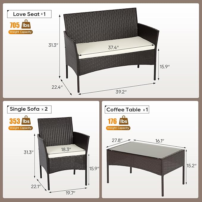 FDW | 4-Piece Patio Furniture Set | Brown | Outdoor Wicker Furniture with Coffee Table | Modern Rattan Chairs Conversation Set | Outdoor Seating | Weather-Resistant | for Porch, Garden, Lawn FDW