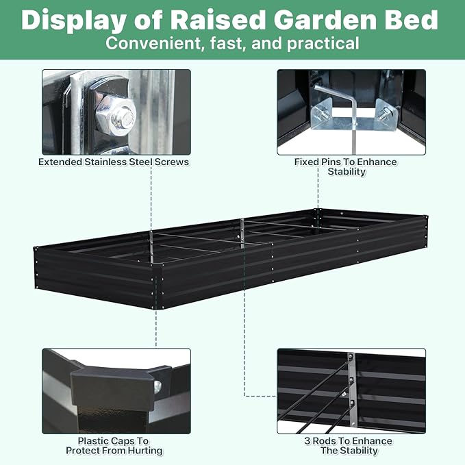 12×4×1ft Galvanized Metal Raised Garden Bed, Metal Planter Kit Box Outdoor for Deep-Rooted Vegetables, Flowers, Green and Herbs SONFILY