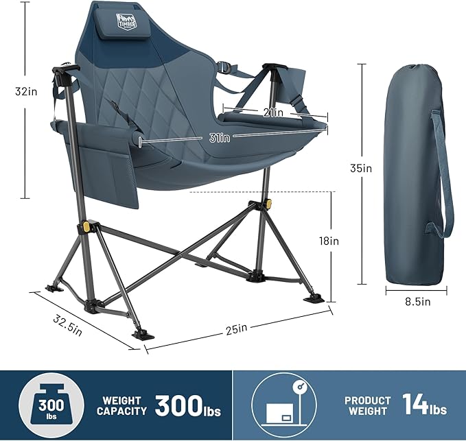 TIMBER RIDGE Hammock Camping Chair with Adjustable Backrest, Heavy Duty Folding Hammock Chair Supports 300lbs, Portable Hammock Chair for Camping, Travelling and Patio, Blue 2 Pack TIMBERRIDGE