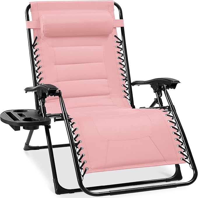Best Choice Products Oversized Padded Zero Gravity Chair, Folding Outdoor Patio Recliner, XL Anti Gravity Lounger for Backyard w/Headrest, Cup Holder, Side Tray, Polyester Mesh - Bubblegum Pink BestChoiceProducts