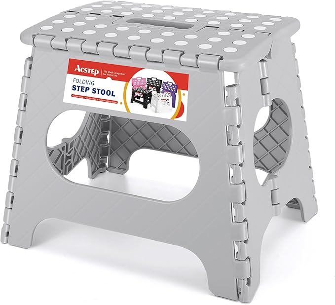 ACSTEP Folding Step Stool 11'' Foldable Step Stool for Kids and Adults Up to 300 lbs, Non-Slip Folding Stools with Portable Handle for Bedroom Kitchen, Bathroom Grey ACSTEP