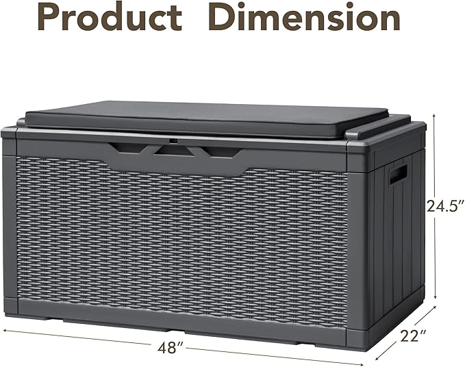 Devoko 100 Gallon Deck Box, Waterproof Resin Outdoor Storage Box with Cushion for Outside and Patio, Large Outdoor Storage Bench Cabinet Lockable for Patio Furniture and Garden Tools (Gray) DEVOKO