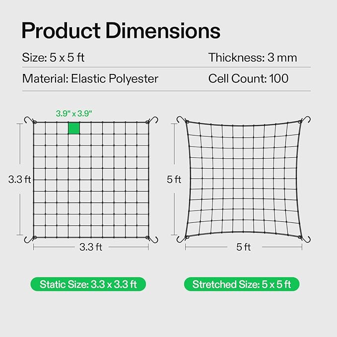 VIVOSUN 5 x 5Ft. Elastic Trellis Netting with 4 Hooks for Climbing Plants, Vegetables, Fruits, and Flowers, 2-Pack VIVOSUN