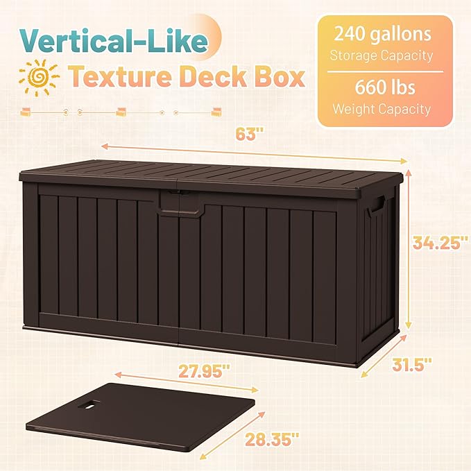Patiowell 240 Gallon Large Outdoor Storage Box, Waterproof Deck Box with Fixed Divider, Lockable and Durable Patio Storage Solution for Patio Furniture and Garden Tools (Brown) Patiowell