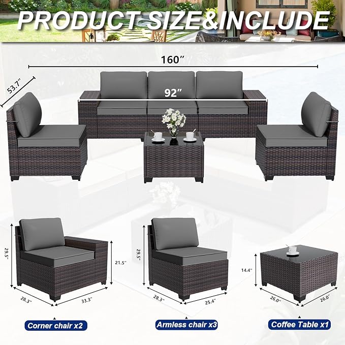 ALAULM 6 Pieces Patio Furniture Set, Oversized Seat/Armrest and High Back Wicker Sectional Furniture Set with Thick Cushion for Backyard, Garden, Grey ALAULM