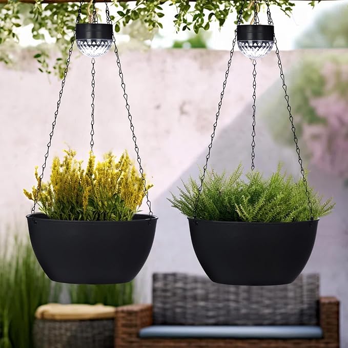 SUNNYPARK 2 Packs Hanging Planters Basket for Outdoor Plants, Solar Powered Self Watering Black Round Plastic Flower Pots with Drainer for Balcony Patio Garden Outdoor Decoration SUNNYPARK