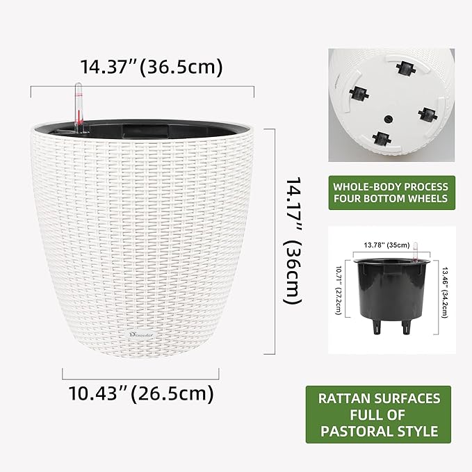 Dexceder 15x14 Rattan Self Watering Planter with Wheels Indoor Outdoor, Inner Pot Design, Thickened Large Floor Standing Flower Plant Pot with Water Level Indicator (Ivory White) Dexceder