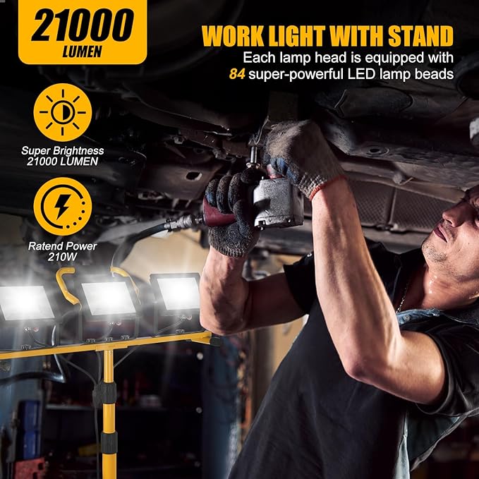 21000Lumen LED Work Lights with Stand - 3 Head Portable Work Light on Stand - IP66 Waterproof Tripod Worklights for Outdoor Indoor Job Site Workshop Garage Construction Site Lighting Rootora
