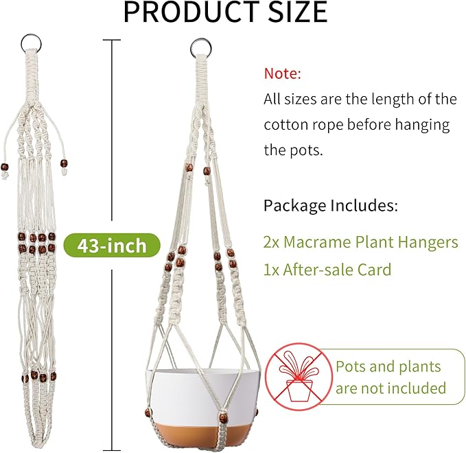 Macrame Plant Hanger - Fits 6 to 15 inches Pots for Indoor Outdoor, 43 Inch, Set of 2, Ivory (POTS NOT Included) IDEEEPAN