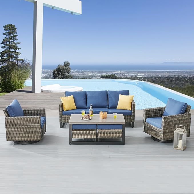 Belord 6 Piece Outdoor Furniture Patio Wicker Sofa Set, Oversize Outdoor Swivel Rocker Chairs with Rattan Ottomans, Conversation Sets Patio Furniture Come with Removable Washable Cushion Blue Belord