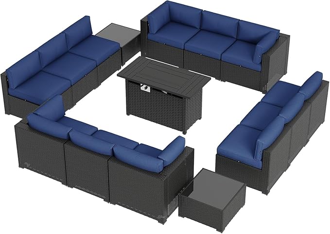 Aoxun 15 Piece Patio Furniture Set with 44” Fire Pit Table, Wicker Rattan Patio Sectional Sofa, Outdoor Furniture Set with Thickened Cushion, Blue Aoxun