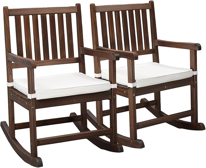 VINGLI Outdoor Rocking Chair, Weatherproof Rocker with Cushion, Wooden Rocking Bench Support 450 LBS for Patio, Yard, Garden, Outdoor or Indoors, Rustic(2PCS) VINGLI