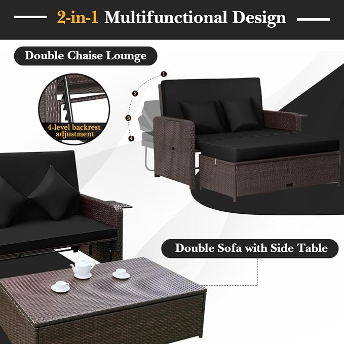 Tangkula Patio Rattan Daybed with 4-Level Adjustable Backrest, Outdoor PE Wicker Loveseat with Storage Ottoman & Folding Side Tray, Double Sunbed Lounger for Balcony, Backyard & Poolside, Black TANGKULA