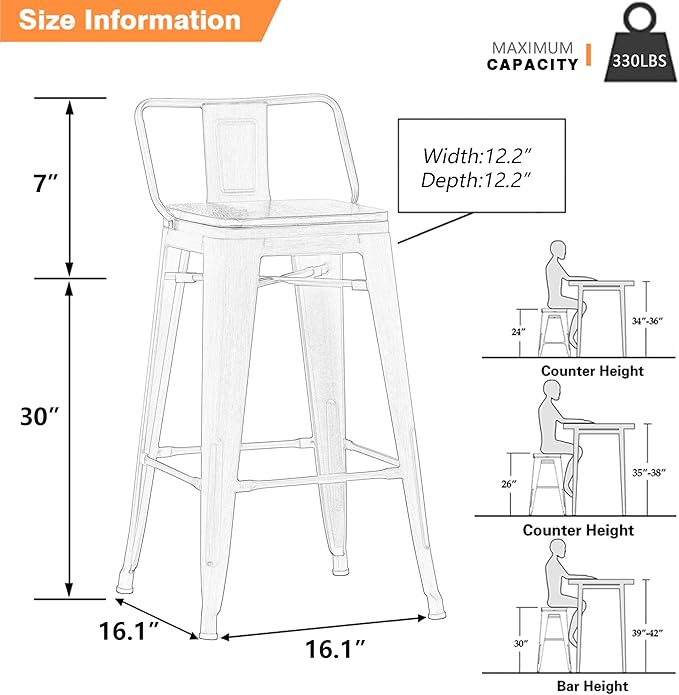 Yongchuang 30 inch Bar Stools Set of 4 Bar Height Metal Barstools with Wood Seat Low Back Kitchen Bar Chairs Silver YongchuangInternational