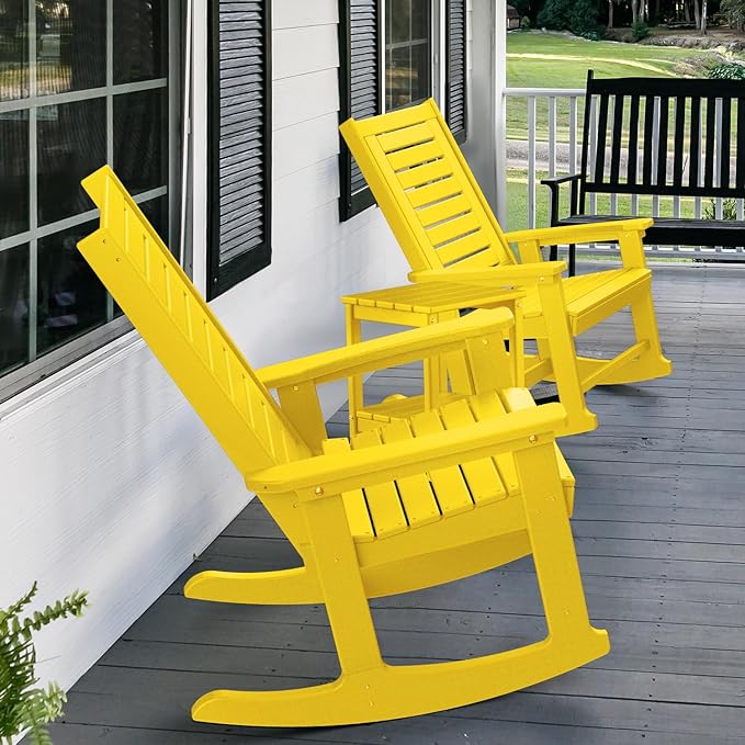 GREENVINES Outdoor Rocking Chair Set | 3-Piece | 2 Rocking Chairs with 1 Side Table | Porch Rocker | HDPE Plastic | Yellow | Patio Furniture Sets | High Back | Big & Tall | Ladder Back GreenVines