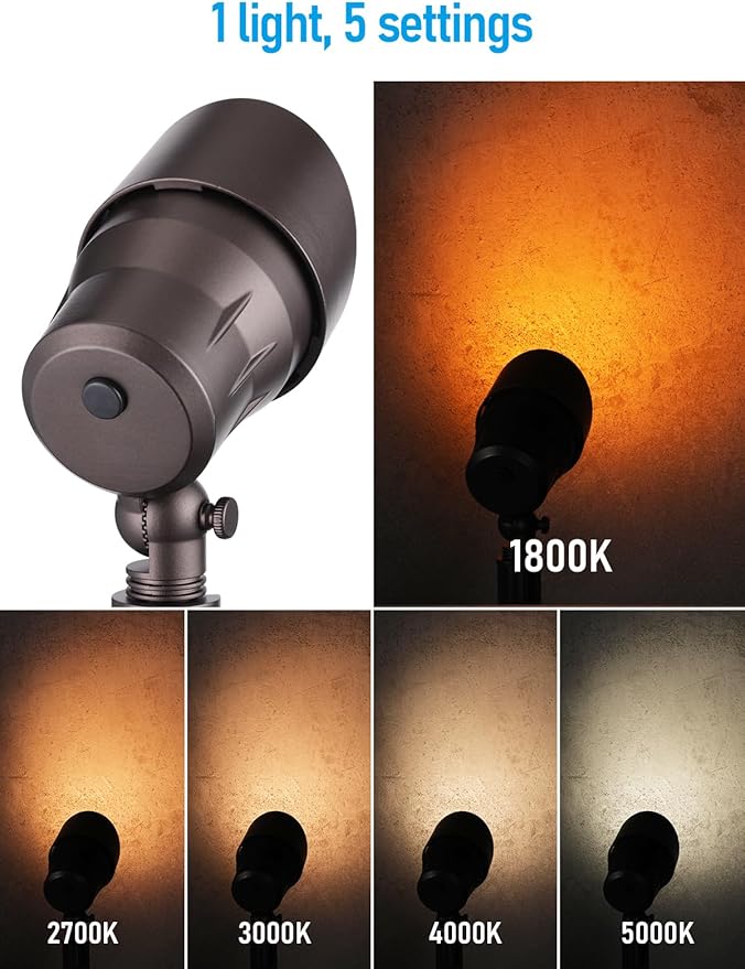 LEONLITE 8-Pack 5CCT Low Voltage LED Landscape Spotlight, Update 1800K2700K3000K4000K5000K Selectable, 5W 12V Pathway Lights Outdoor, CRI90, Aluminum Spot Lights for Yard, ETL Listed, IP65 Waterproof LEONLITE