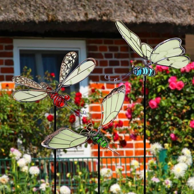 Juegoal 20 Inch Butterfly Garden Stakes Decor, Dragonfly Stakes, Hummingbird Glow in Dark Metal Yard Art for Mom, Mothers Day Ideal Gifts, Indoor Outdoor Lawn Pathway Patio Ornaments, Set of 3 Juegoal