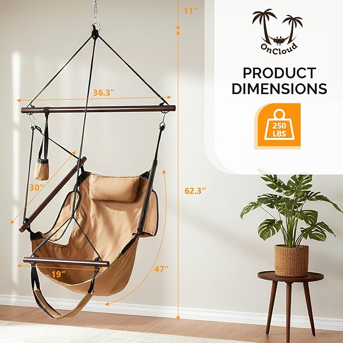 ONCLOUD Upgraded Unique Hammock Hanging Sky Chair, Air Deluxe Swing Seat with Rope (Tan) ONCLOUD