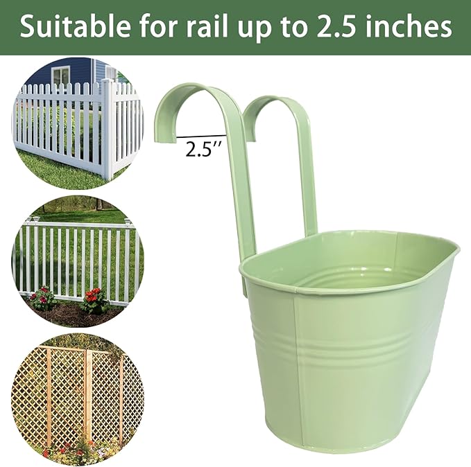 Balcony Hanging Planters Flower Pots, 10" Metal Flower Pots for Outdoor Balcony Rails, Fence Pot Hanging Plant Holders with Detachable Hooks for Garden Patio Yard Decor (Mint Green, 6Pcs) JOYFERNAL