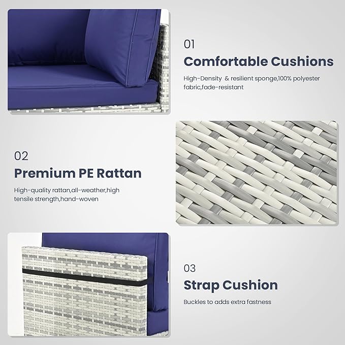 Pamapic 7 Piece Outdoor Sectional Sofa Set, All-Weather Patio Furniture with Washable Cushions, Waterproof Gray Rattan Wicker Conversation Set for Backyard, Poolside, Garden (Navy Blue Cushions) Pamapic