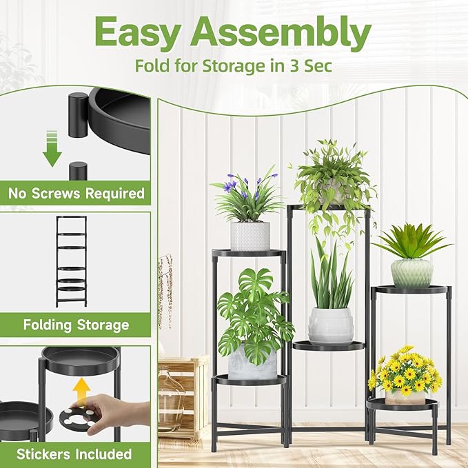 iDavosic.ly 6 Tier Large Plant Stand Indoor with Grow Light, Tiered Corner Metal Outdoor Flower Display Holder Shelf with 10 Inch Wide Tray, Folding Tall Rack for Patio Porch Living Room, Black iDavosicly