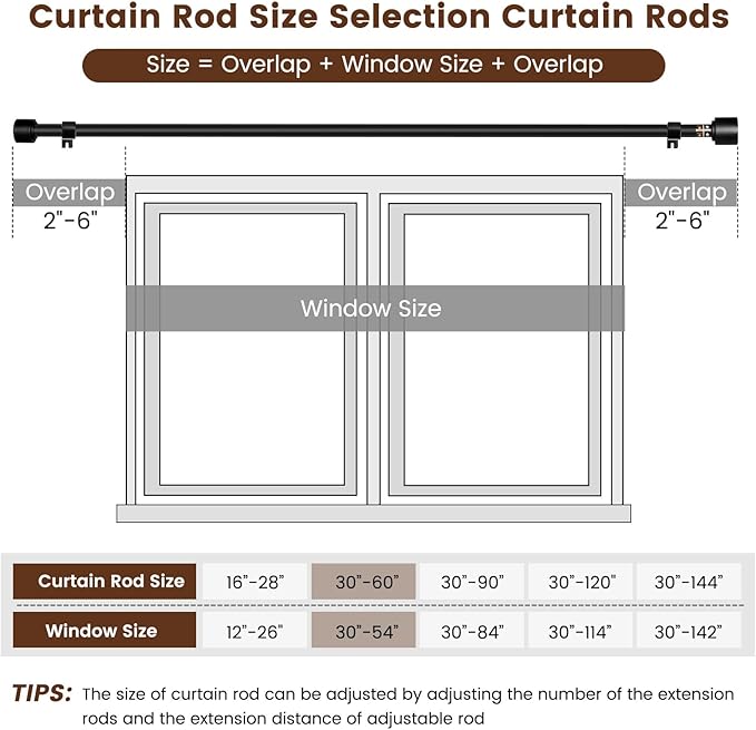 1' Diameter Matte Black Curtain Rod, 30-60 inch, Fits 30-54 Windows, Heavy Duty, Adjustable, Telescopic, Splicing Metal, Extra Long, for Windows & Sliding Glass Door Rootora