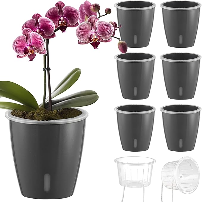 Self Watering Pots for Indoor Plants, 6-Pack 5'' Self Watering Planter with Drainage Holes, Small African Violet Pots with Water Indicator, Clear Wick Orchid Pot, Grey Gold KvyusFlourish