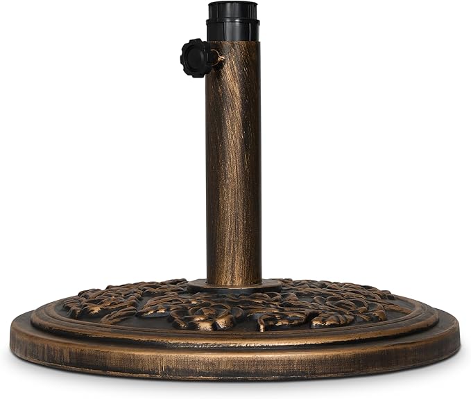 Backyard Expressions 20 lb Patio Umbrella Base Stand, Decorative Rose Medallion Antique Bronze Finish, Fits 1.5–1.9 in Poles w/Adapters, 18 in Round Weighted Outdoor Umbrella Holder for Deck & Table BackyardExpressions