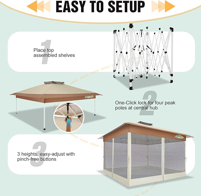 COBIZI Gazebo 13x13 Pop Up Canopy, Gazebos on Clearance - Canopy Tent with Mosquito Netting for Lawn, Garden, Backyard & Patio - Carpas para Patio- Water Resistant and UPF50+ (Khaki) COBIZI