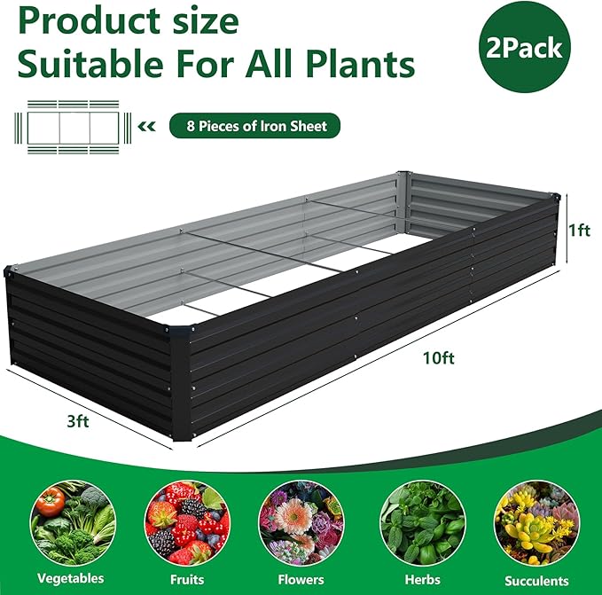 Vengarus 10x3x1FT (2 Pack) Galvanized Raised Garden Bed Kit, Outdoor Metal Planter Box for Vegetables, Rectangular Steel Container, Easy Assembly (Black) Vengarus