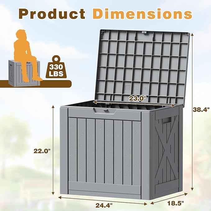 Flamaker Resin Deck Box 40 Gallon Waterproof Outdoor Indoor Storage Box Imitation Wood Resin for Patio Furniture Garden Tools and Pool (Gray)