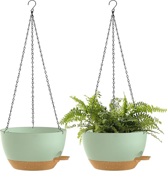 10 Inch Hanging Baskets 2 PC with Chains, Self-Watering Hanging Planters for Indoor Outdoor Plants, Plastic Hanging Flower Pots,Green Brown SQKH