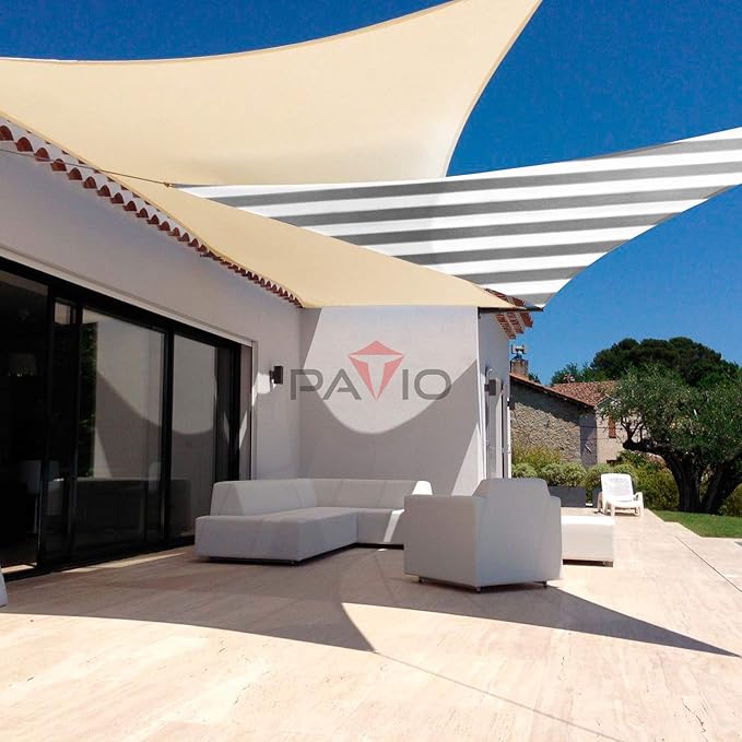 Patio Paradise 18' x 18' x 18' Sun Shade Sail Triangle Canopy Shade Cloth Fabric Sunlight Block Patio Pergola Cover HDPE Deck Awning for Outdoor Backyard Roof Shading, Gray White Strip Patio