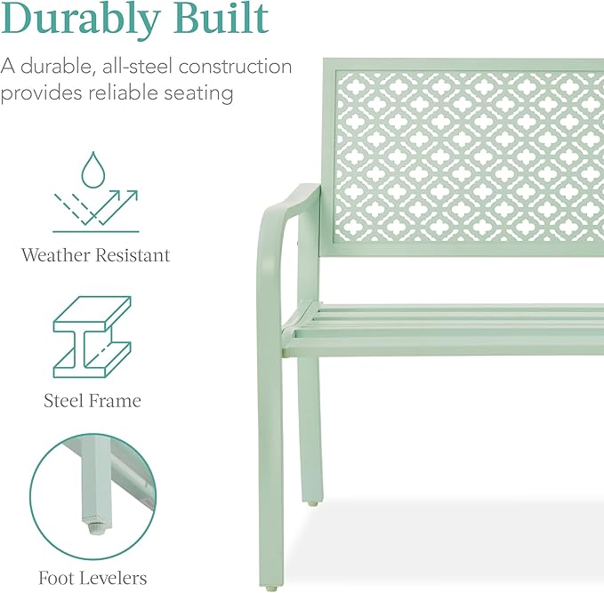 Best Choice Products Outdoor Bench 2-Person Metal Steel Benches Furniture for Garden, Patio, Porch, Entryway w/Geometric Backrest, 790lb Capacity - Mint Green BestChoiceProducts