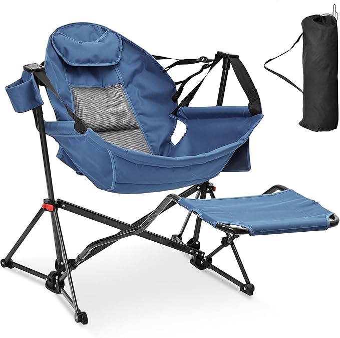 Ainfox Hammock Camping Chair with Footrest, Foldable Portable Rocking Chairs for Adults Outside Swinging Camp with Cup Holder Pillow for Outdoor Patio Poolside (Dark Blue) Ainfox