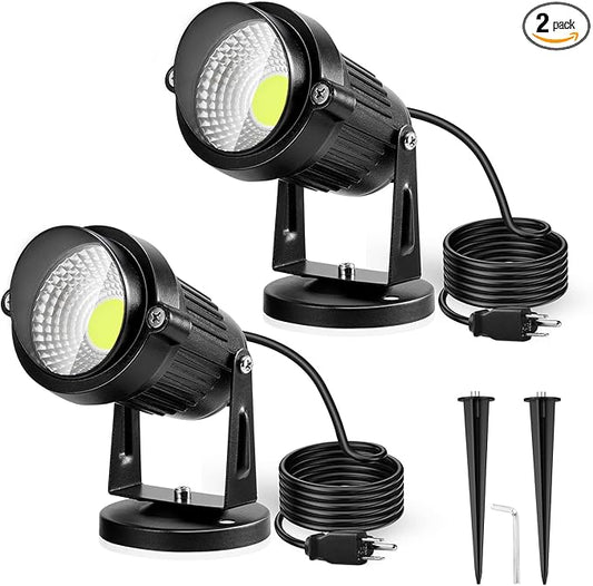LemonBest Landscape Lights - 5W 110V Outdoor Spotlight - Waterproof IP65-3000K Cool White LED Landscape Lights - 5ft Cable for Yard Garden Patio Driveway House (Include Spike) (2 Pack) LemonBest
