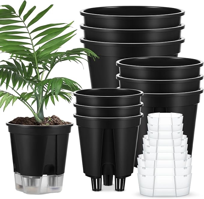 Self Watering Pots for Indoor Plants with Deep Reservoir and High Drainage Holes for Outdoor Plants and Flowers, Bare Root Planter(4.72'', 5.91'', 7.09'',Black,9 Pcs) Wonderjune