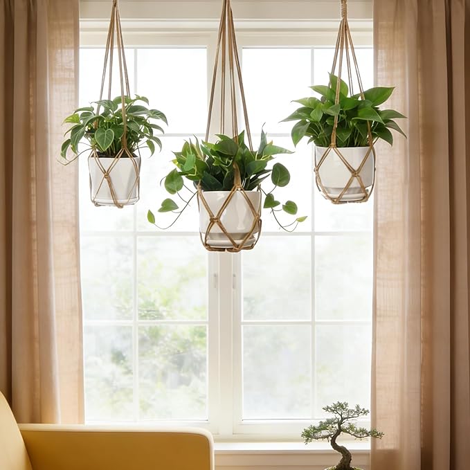 YIBOT 3 Pack Macrame Plant Hanger Indoor Hanging Planter Basket with 3 Hooks, 35"/29"/23" Crochet Plant Holder Stand No Tassels for Indoor Outdoor Boho Home Decor, Brown (POTS NOT Included) YIBOT