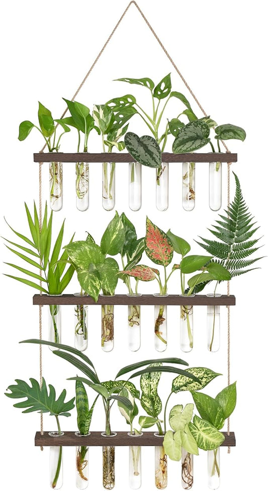 Mkono Plant Propagation Tubes, 3 Tiered Wall Hanging Terrarium with Wooden Stand & 21 Test Tube Vases for Hydroponic Plant Cutting & Home/Office Decor Mkono