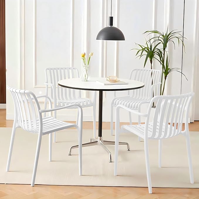 Patio Dining Chairs Set of 4, All-Weather Outdoor and Indoor Stackable Chairs with Curved Back, Waterproof for Patio, Deck, Porch, Backyard, Restaurant & Cafe Use, White JPBSTO