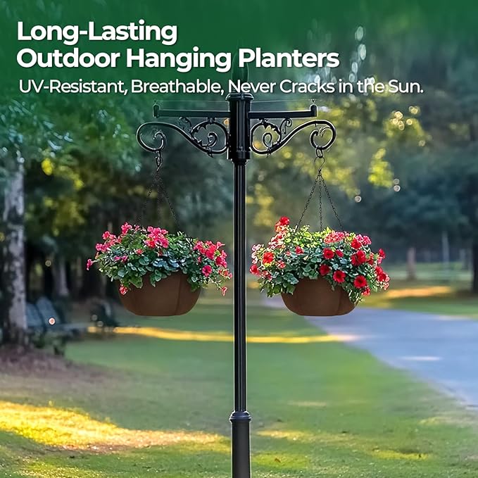 T4U Hanging Planters for Outdoor Plants, 12 Inch 4 Pack Fabric Hanging Baskets with Drainage Tray, Decorative Hanging Pots for Plants Outdoor Patio Porch Garden Use（Brown） T4U