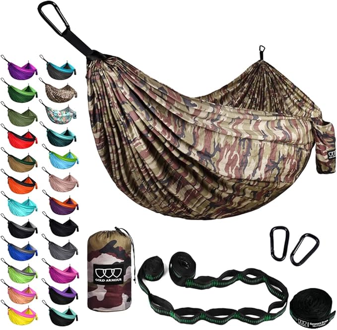 Gold Armour Camping Hammock - XL Double Hammock Portable Hammock Camping Accessories Gear for Outdoor Indoor with Tree Straps, USA Based Brand (Camouflage II) GoldArmour