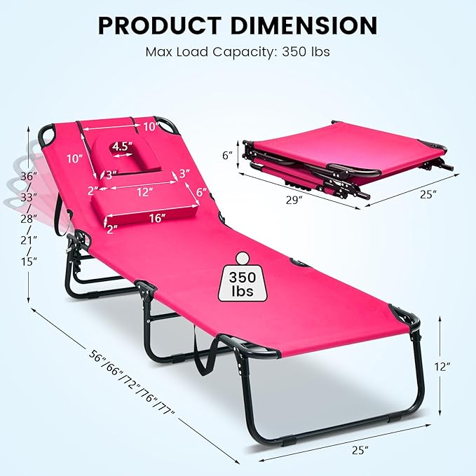GYMAX Tanning Chair, 350lbs Beach Lounge Chair with Face Hole, Washable Pillow & Carry Strap, Adjustable Folding Chaise Lounge, Layout Chair for Outside, Patio, Poolside, Lawn (1, Pink) GYMAX
