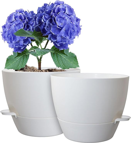 10 inch Self Watering Pots, 2 Pack Plastic Planters with Mesh Drainage Holes for Garden Plants and Flower, Plants Pots with Deep Reservoir for Indoor Outdoor Plants, White WSMKSZ