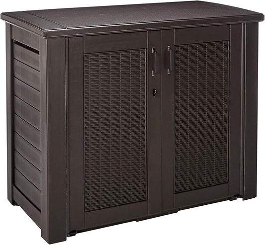 Rubbermaid Decorative Outdoor Storage Cabinet (123 Gal) Weather Resistant Dark Brown Organization for Home/Backyard/Pool Chemicals/Toys/Garden Tools/Porch/Patio Cushions Rubbermaid