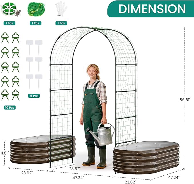 DoCred 3 in 1 Raised Garden Bed with 87in Tall Arch Trellis for Climbing Plants, Galvanized Planter Garden Box Outdoor for Gardening, Climbing Vegetables, Flower, Wood Grain DoCred