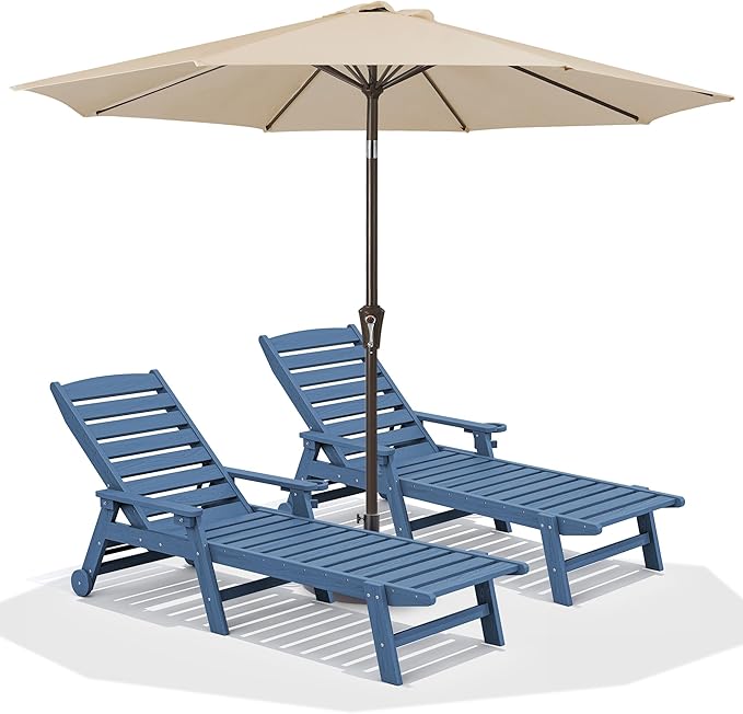 SERWALL Patio Chaise Lounge Chair Set of 2 with 9FT Patio Umbrella, 78'' HDPE Outdoor Lounger, Poly Lounge Chair with Rolling Wheels & Cup Holder for Pool,Blue (Umbreall Base not Included) SERWALL