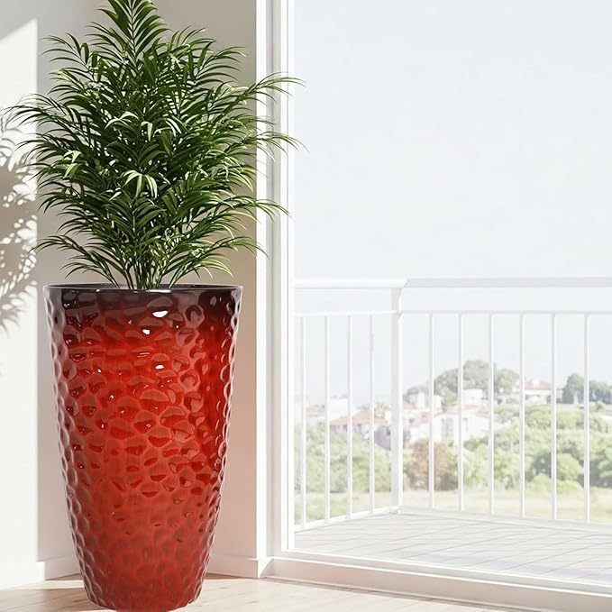 Worth 2 Pack 24" Tall Large Plastic Planter with Drainage Hole, Round Decorative Flower Plant Pit for Indoor or Outdoor Gardening, Glossy Red WORTH