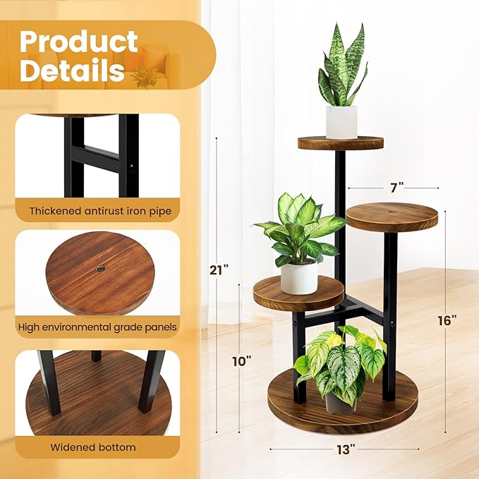 GEEBOBO 3 Tier Plant Stand Indoor, Metal Wood Plant Stands For Indoor Plants Multiple, Corner Tiered Flower Plants Shelf Stand for Living Room Bedroom, Brown GEEBOBO